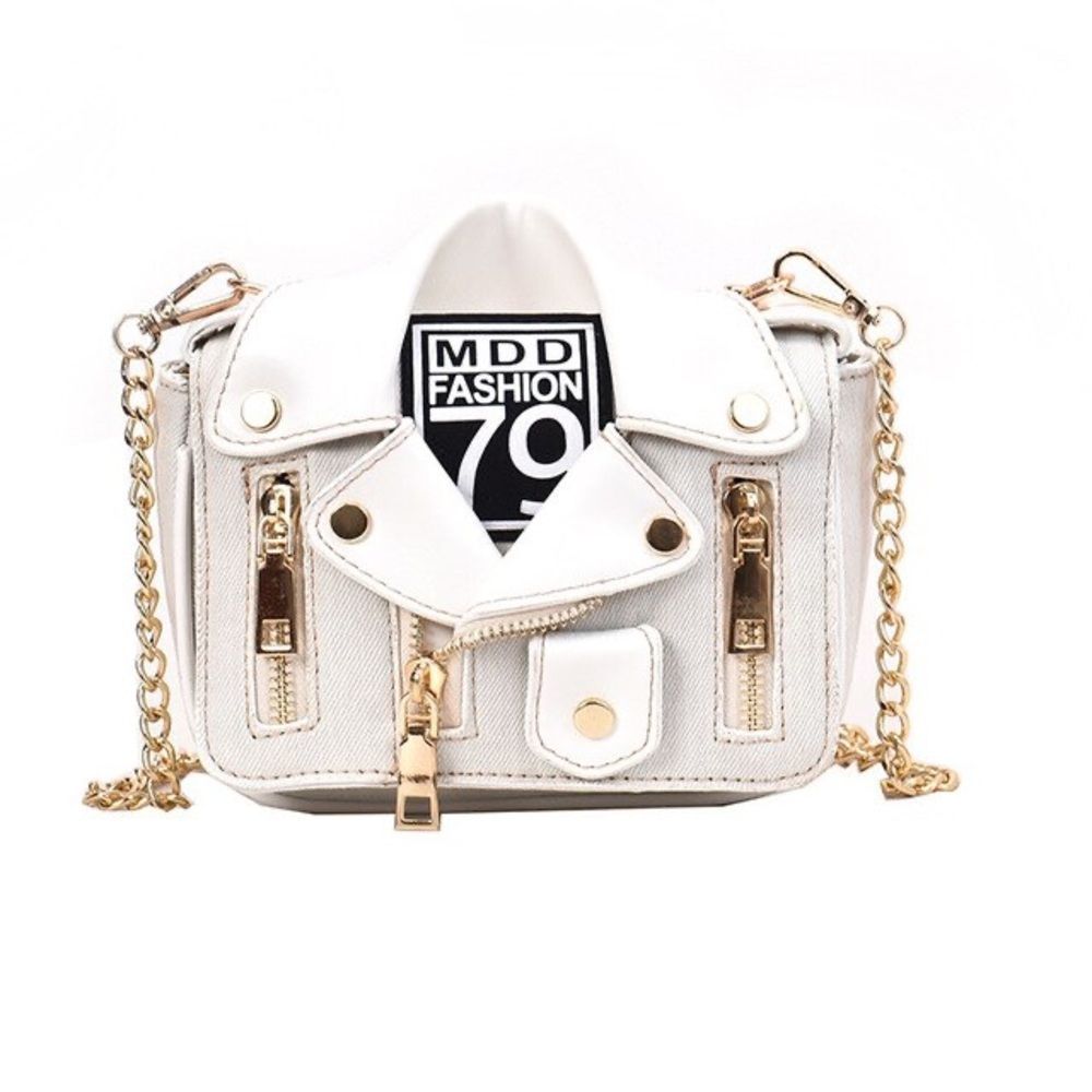 Leather & Canvas Jacket/ Biker Handbag Purse In Cream/White